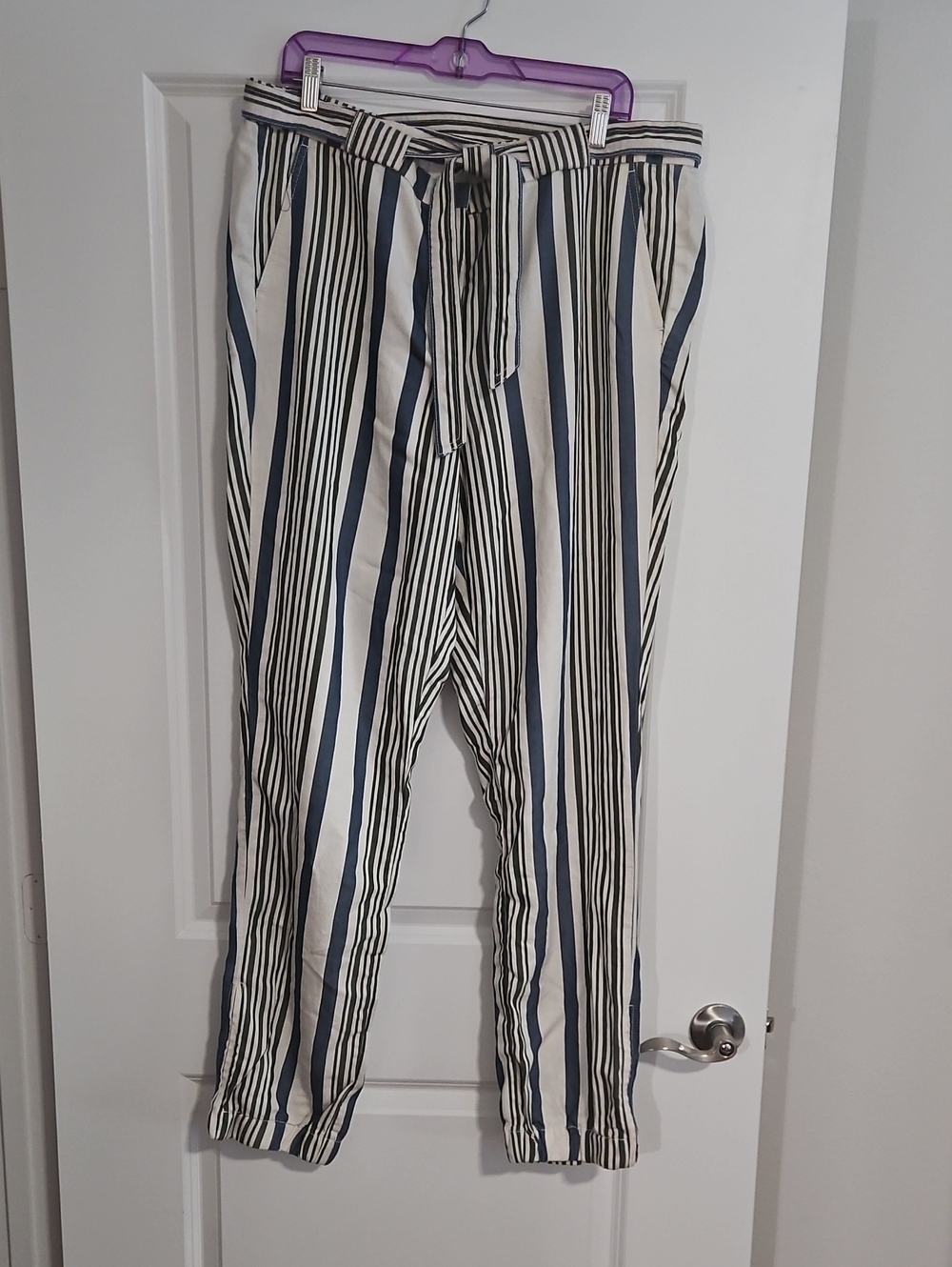 LOFT Vertical Stripe Pants - Cream W Wide Blue Stripes and Narrow Green Stripes